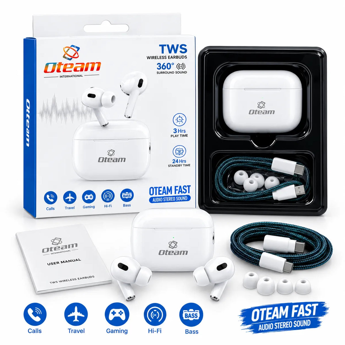 Oteam TWS Wireless Earbuds 360 Surround Sound Hi-Fi Bass Charging Case Pakistan