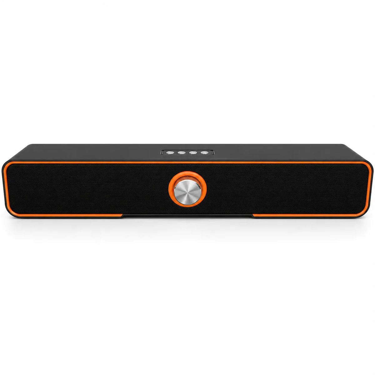A black rectangular soundbar speaker with a textured fabric grille, featuring a prominent silver control dial with an orange ring and an orange accent trim, shown on a white background.