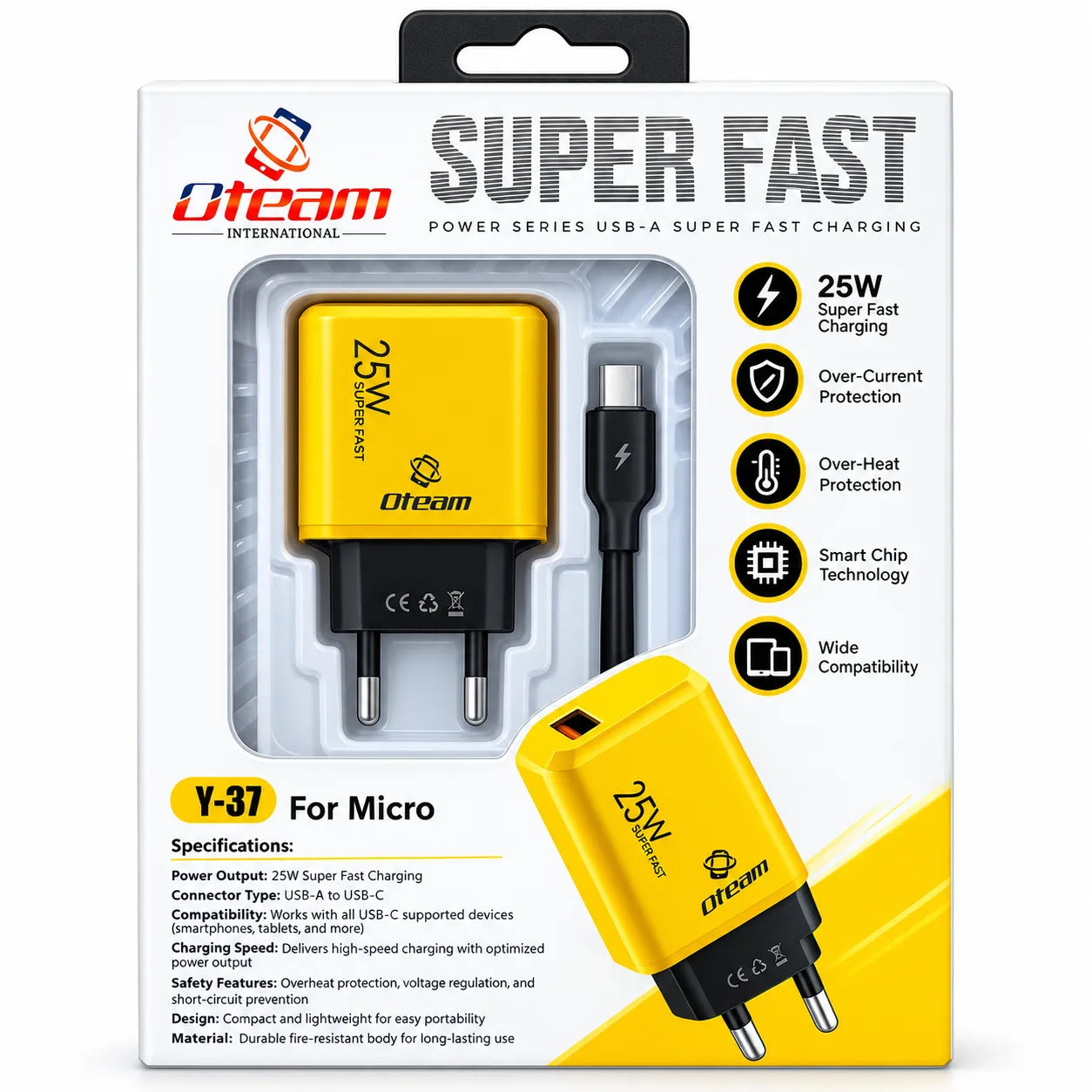 Oteam Y-37 25W Super Fast Charger with USB-C Cable Yellow Power Series