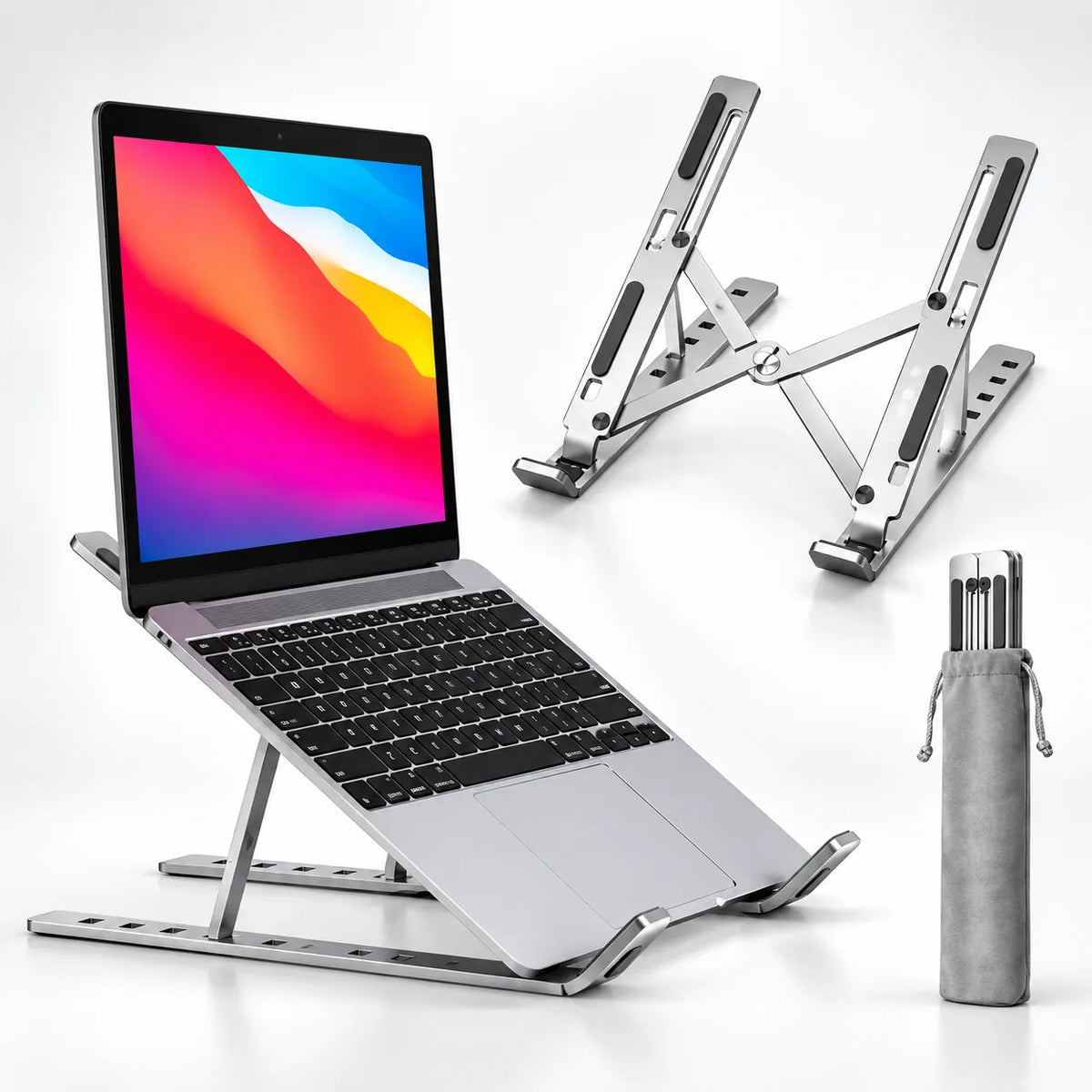 Portable foldable aluminium laptop stand with adjustable angles and carry bag
