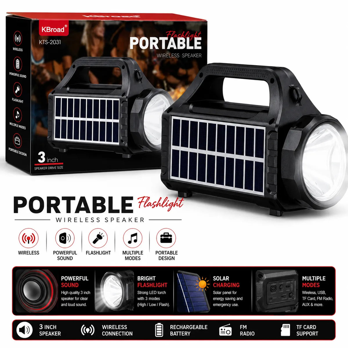KBroad KTS-2031 portable solar-powered wireless flashlight speaker shown with its retail box, product features icons, and a feature summary banner on a white background.