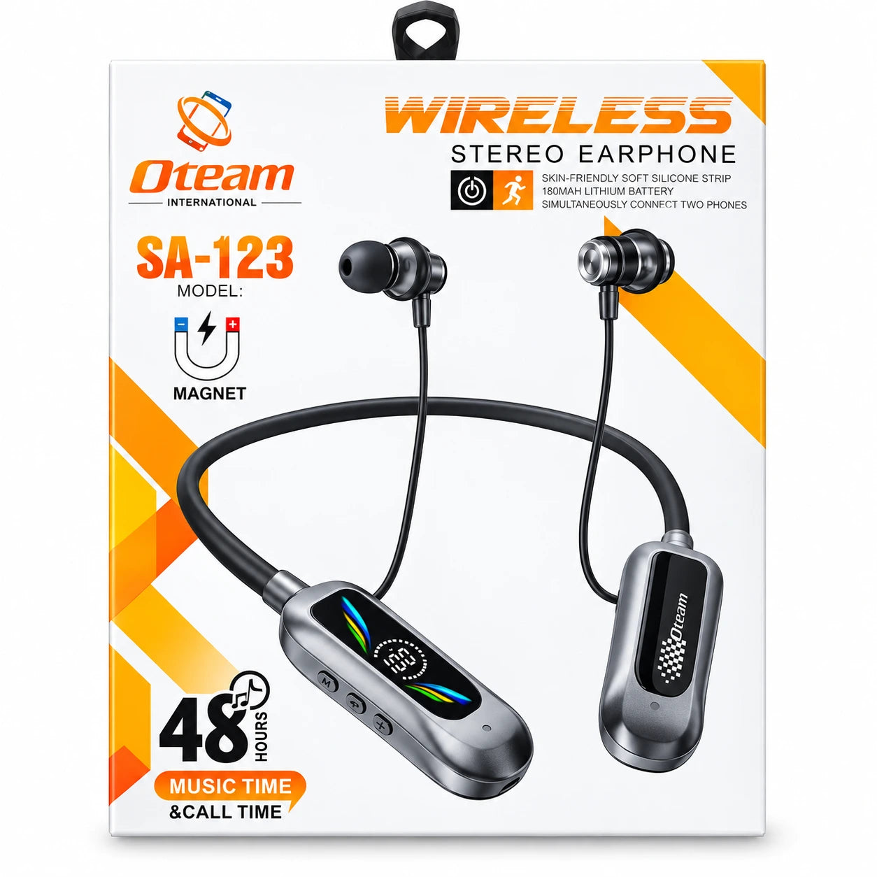 Oteam SA-123 wireless stereo earphone in its retail packaging, featuring black in-ear earphones with a black neckband and a silver control module.