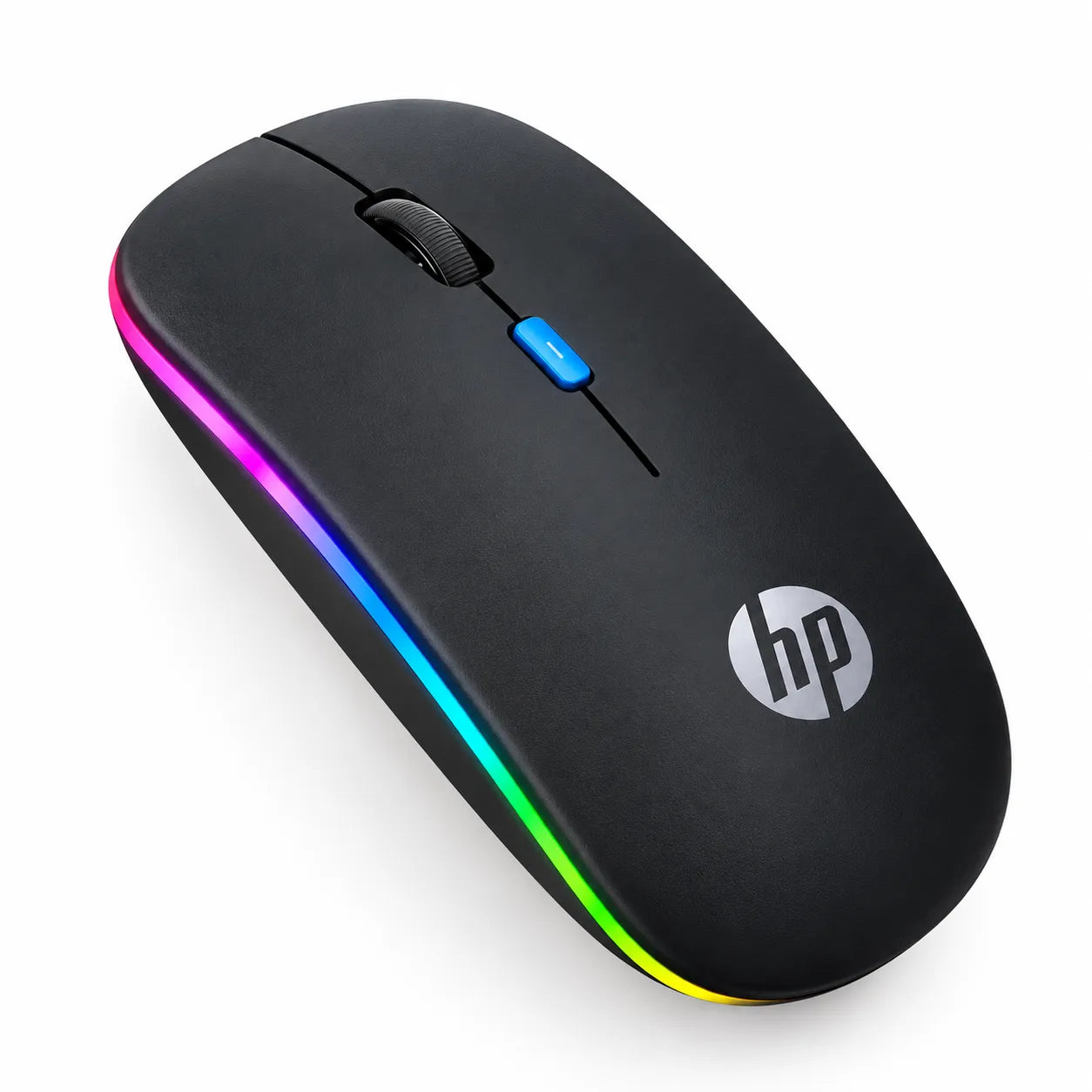 HP wireless mouse in matte black with a vibrant RGB light strip along the side and a blue scroll wheel accent, shown on a white background.