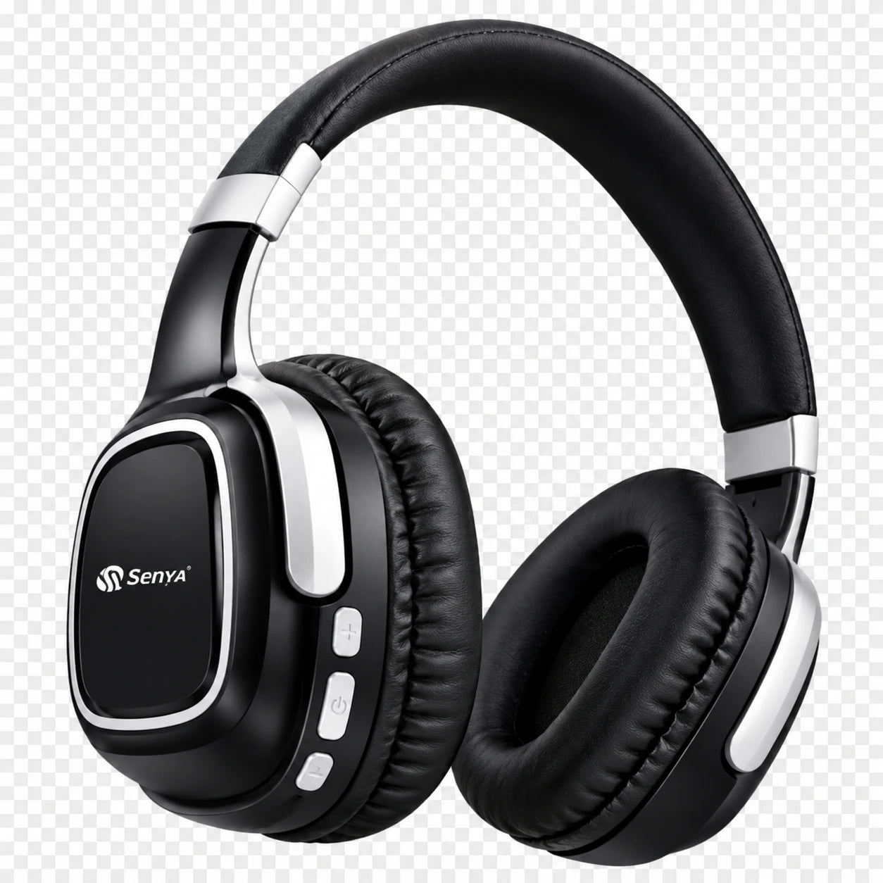Black Senya over-ear wireless headphones with silver accents, shown on a transparent background with a checkerboard pattern.