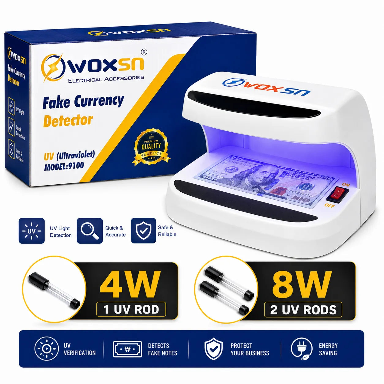 Woxsn UV light currency detector model 9100 shown with its retail box, a white device emitting blue-purple UV light over a banknote, and feature callouts for 4W and 8W UV rods on a clean white background.