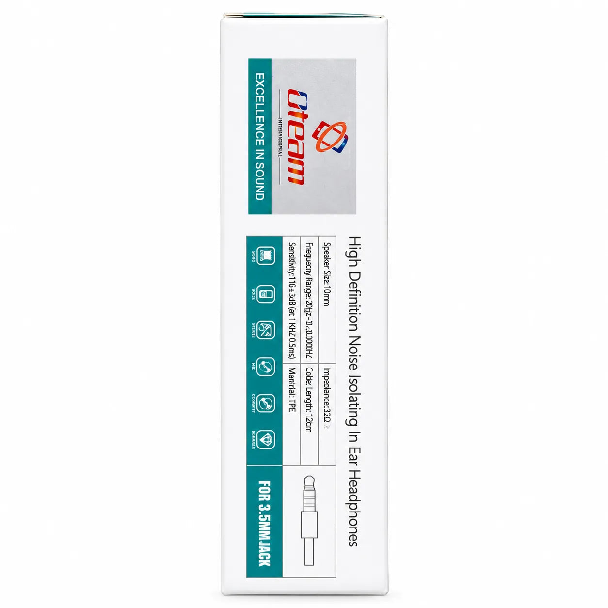 A tall white product box for Dream High Definition Noise Isolating in Ear Headphones, featuring teal and orange branding and specifications on a white background.