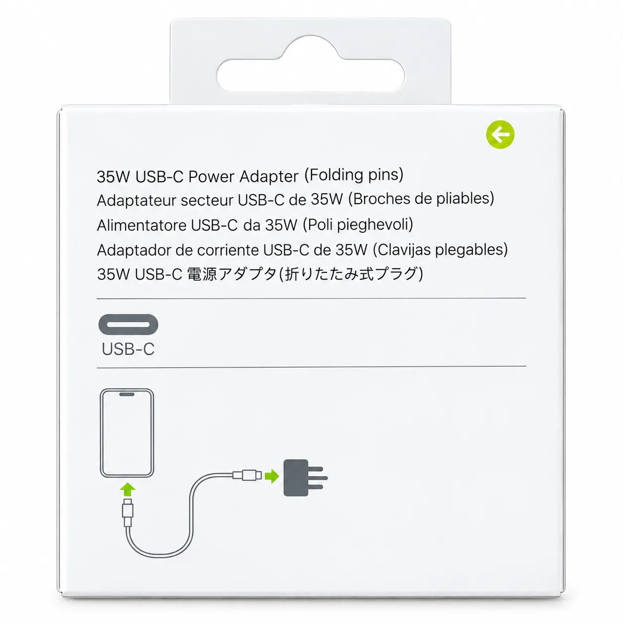 35W USB-C Power Adapter Folding Pins Box Back with Specifications
